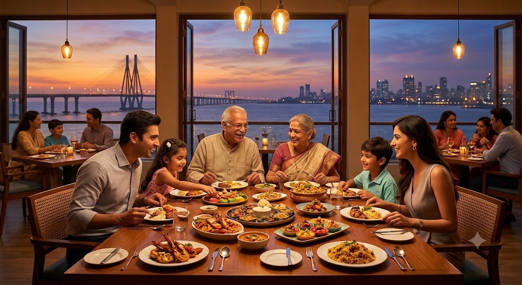 Family enjoying dinner at a restaurant in Mumbai