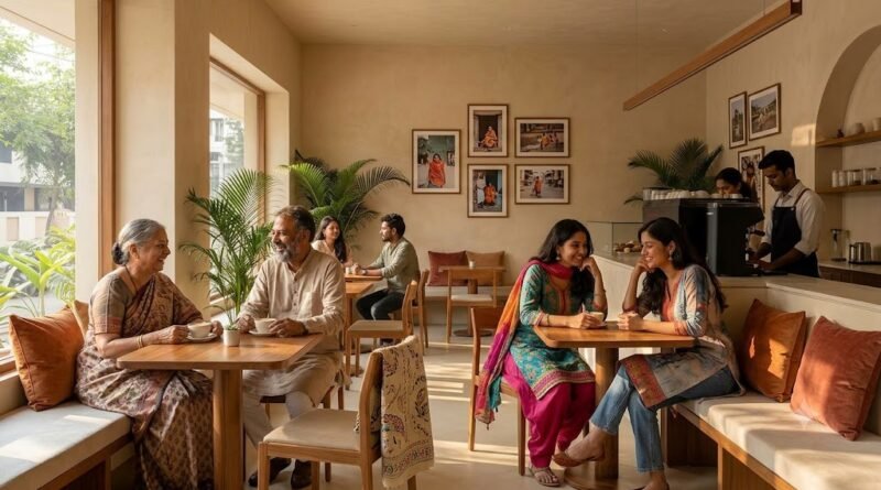 Sun-drenched minimalist cafe interior in Bandra Mumbai with wooden furniture and specialty coffee