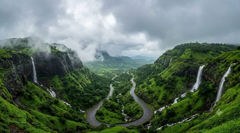 Scenic view of lush green mist-covered Western Ghats mountains and waterfalls during a weekend road trip near Mumbai