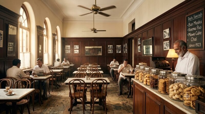 Vintage wooden interior of historic irani cafes in mumbai with marble top tables, bentwood chairs, and glass bakery display jars
